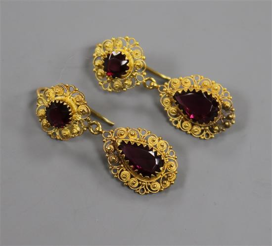 A pair of antique style cannetile work yellow metal and gem set drop earrings, 33mm.